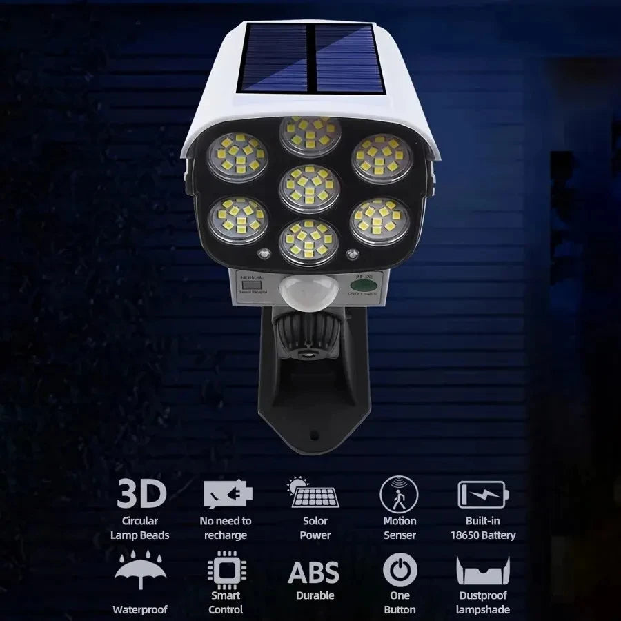 77 مصباح LED خارجي يعمل بالطاقة الشمسية مع مستشعر حركة، كشاف ضوئي مقاوم للماء، كاميرا أمنية وهمية لاسلكية للحديقة والفناء والشرفة