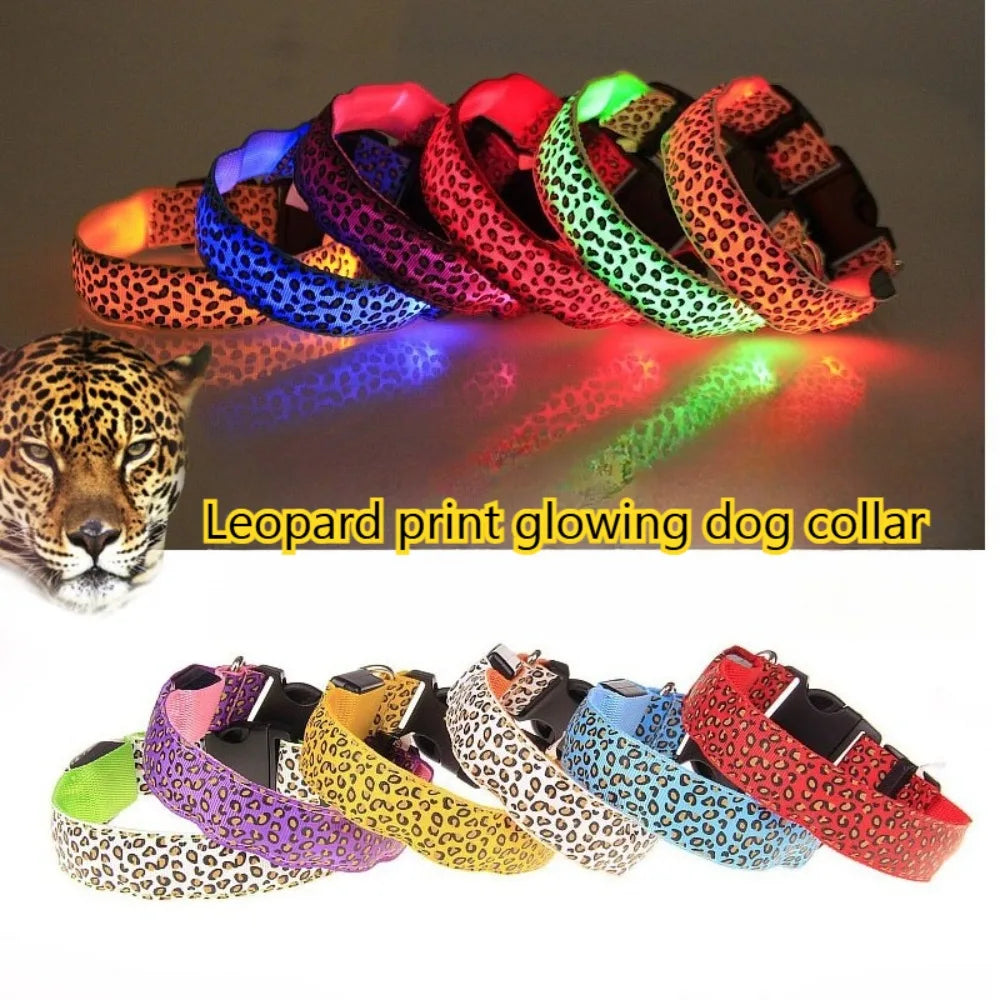 LED Dog Luminous Collar with Night Time Anti Slip Warning Leopard Print Four Flashing Modes Collar for Dog Necklace