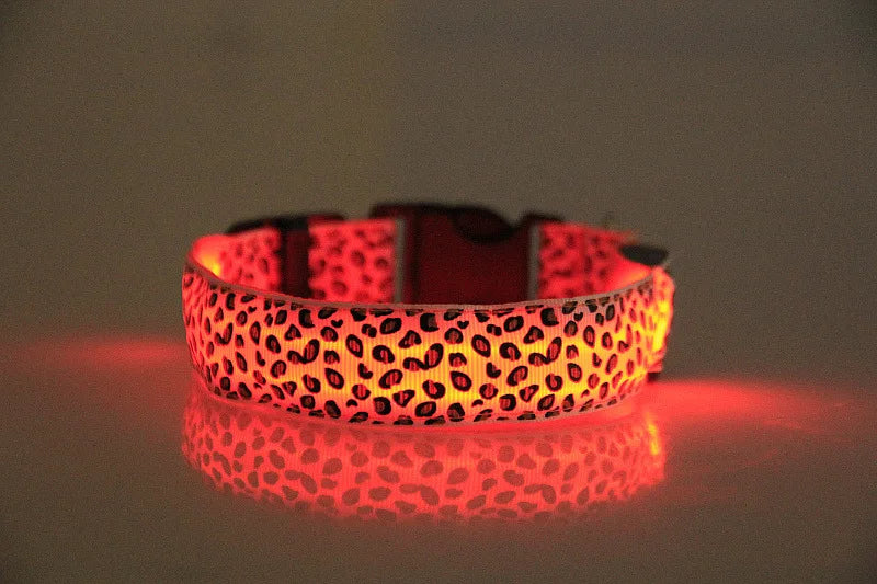 LED Dog Luminous Collar with Night Time Anti Slip Warning Leopard Print Four Flashing Modes Collar for Dog Necklace