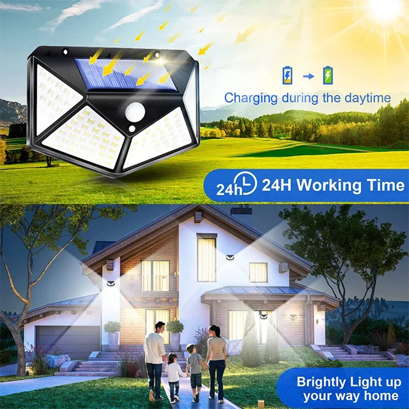 1/2/4/6 قطع 100 مصباح حائط LED خارجي يعمل بالطاقة الشمسية مع مستشعر حركة PIR إضاءة شوارع تعمل بالطاقة الشمسية لتزيين الحدائق
