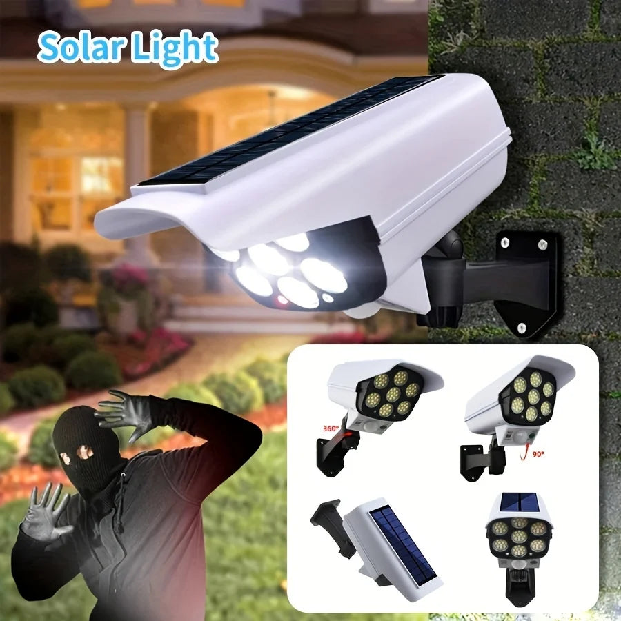 77 مصباح LED خارجي يعمل بالطاقة الشمسية مع مستشعر حركة، كشاف ضوئي مقاوم للماء، كاميرا أمنية وهمية لاسلكية للحديقة والفناء والشرفة