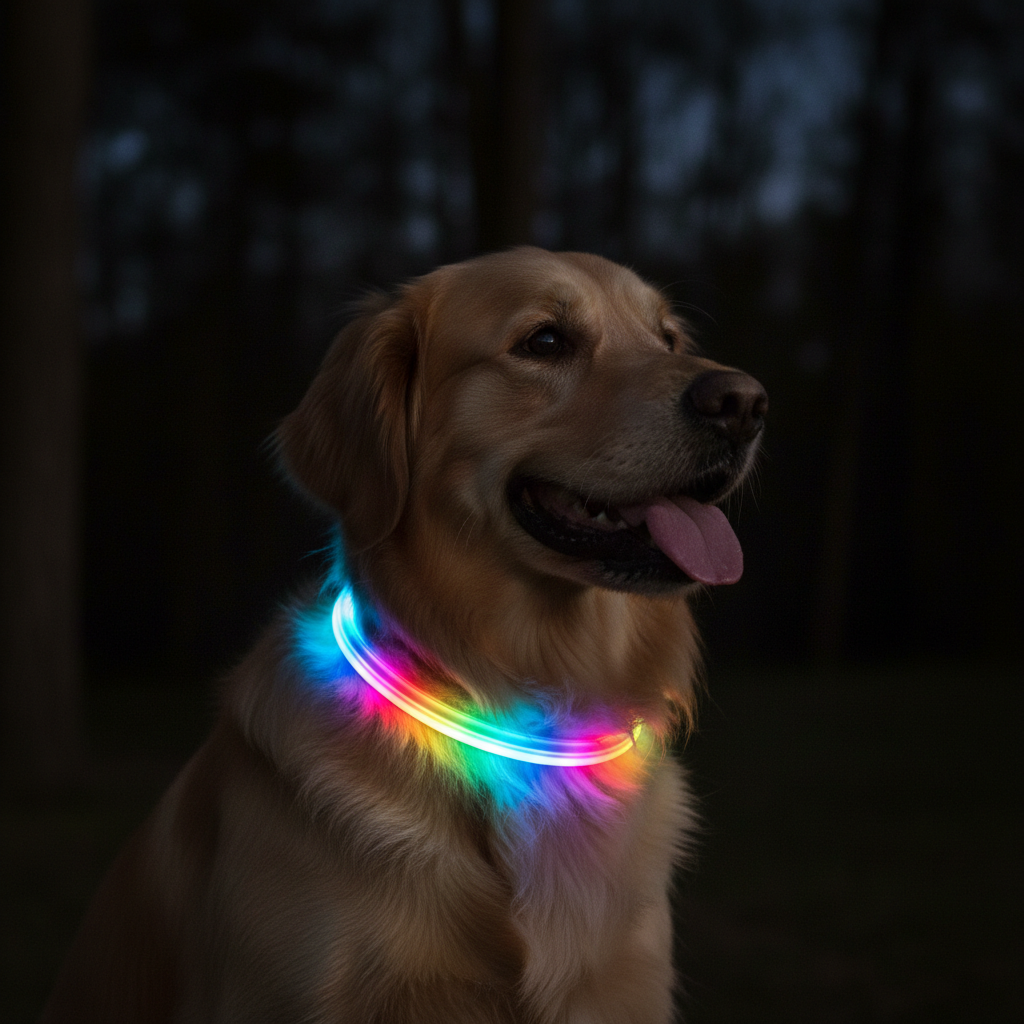 A glowing LED dog collar on a happy dog at night